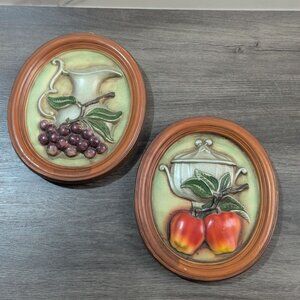 Vintage Japan Ceramic Wall Plaques Fruit Teapot 3D Relief Set 8.5"